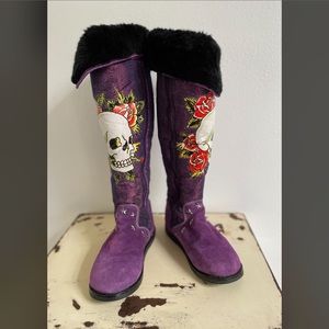 Ed Hardy tall suede purple boots ghost skull. Size 8
